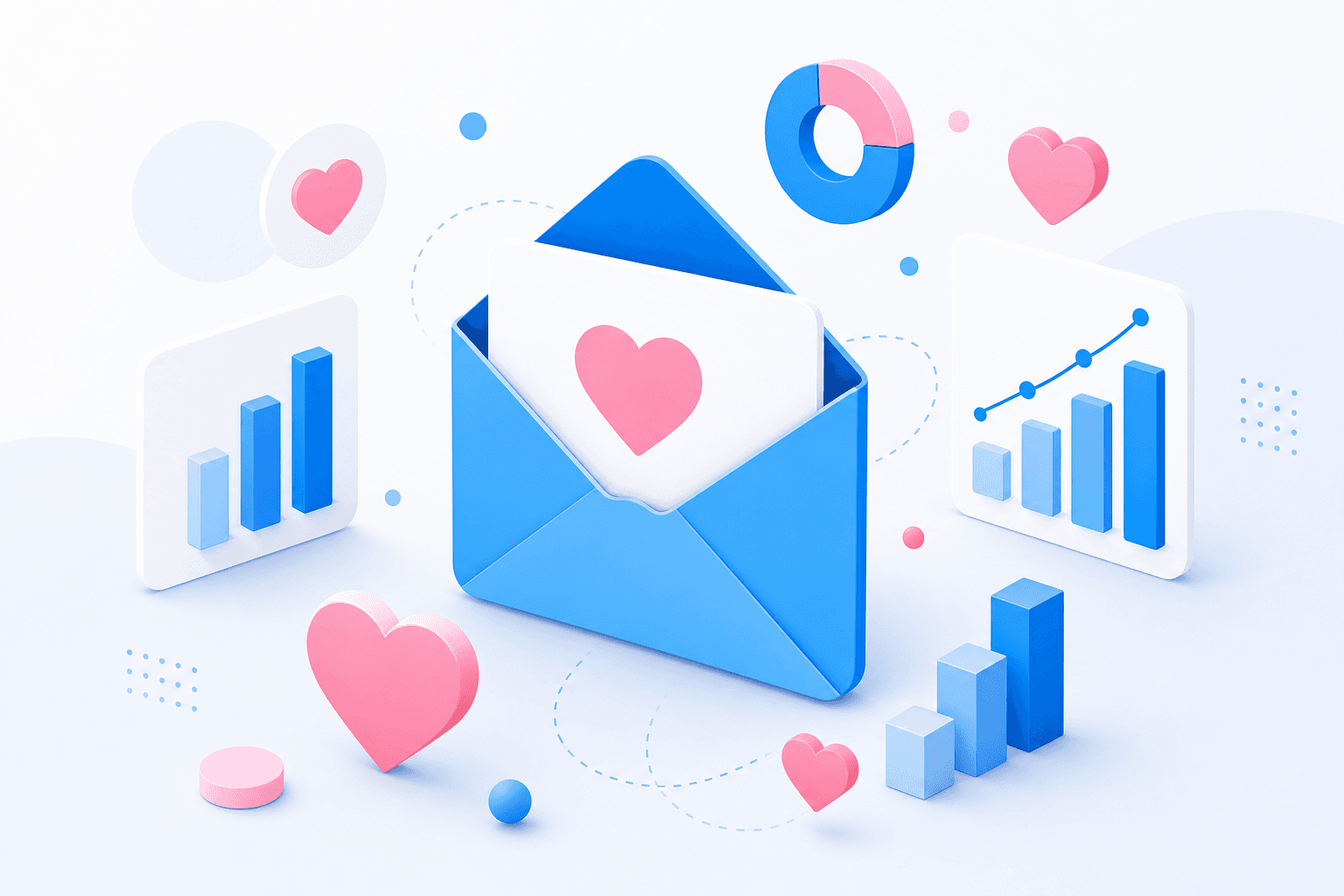 Illustration of a Brevo envelope with abstract hearts and graphs in cyan
