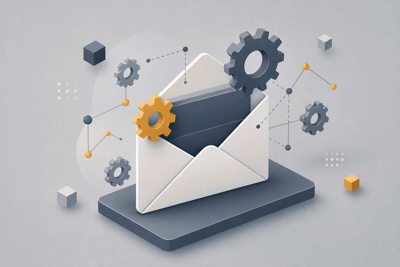 Illustration of a custom-configured email envelope with floating gears and connection lines