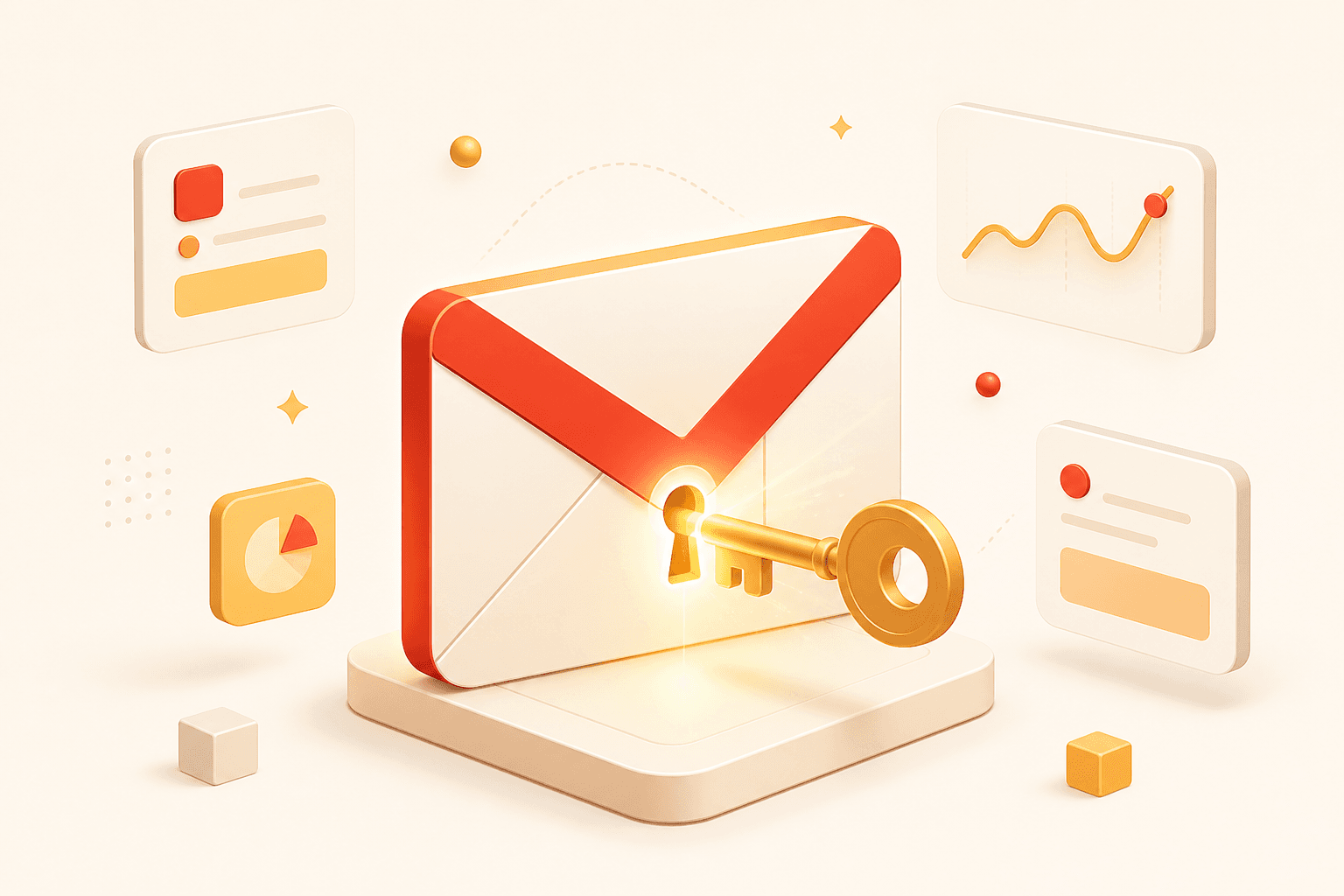 Illustration of a Gmail envelope unlocked by a golden key