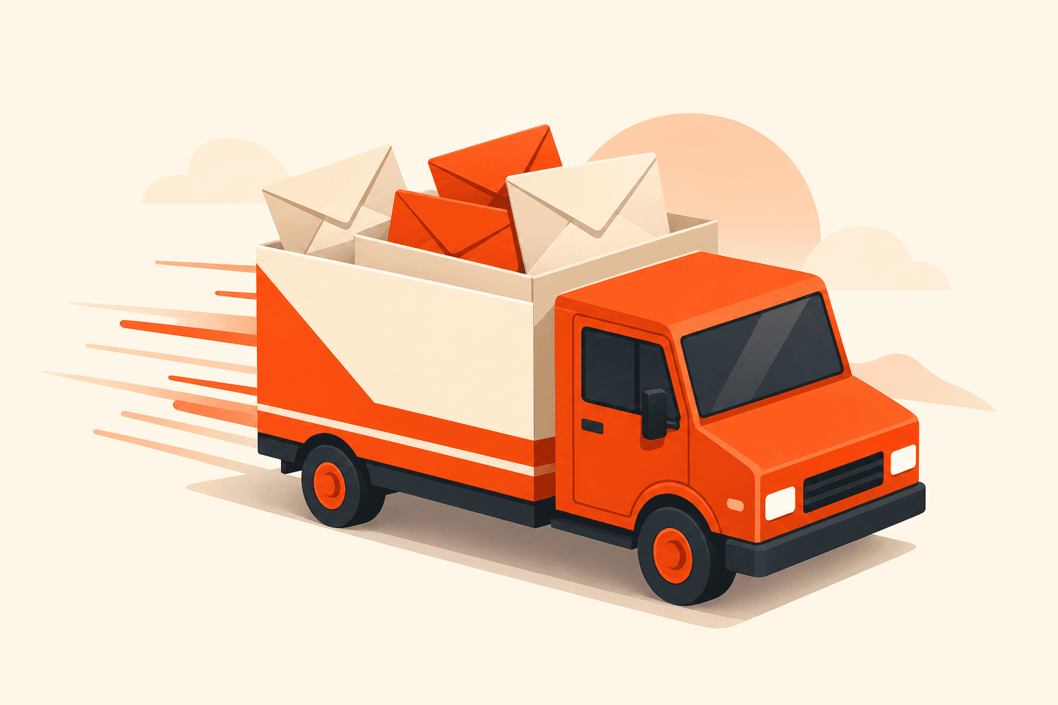 Illustration of a Mailgun orange delivery truck carrying envelopes