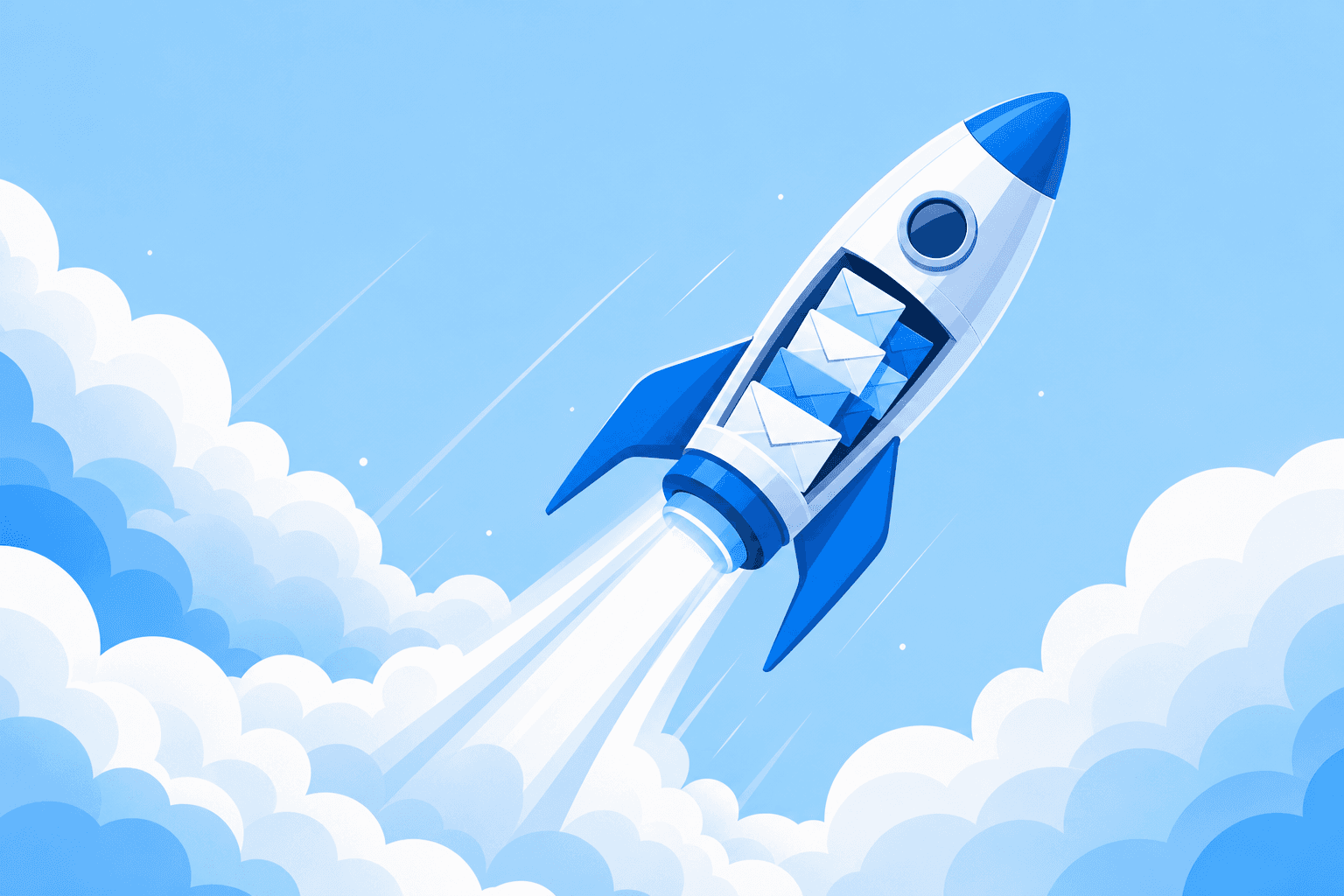 Illustration of a rocket carrying envelopes upward in SendGrid blue